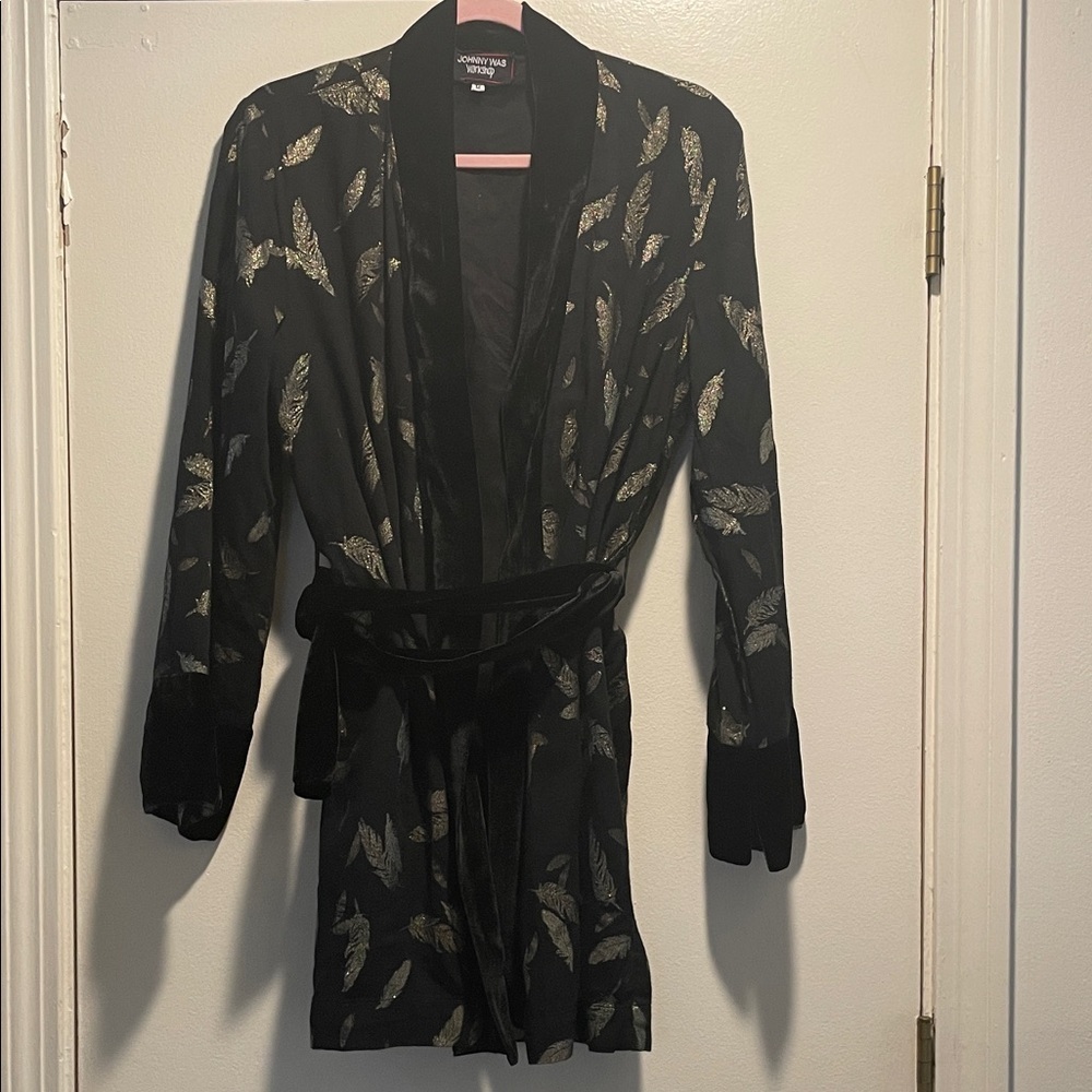 Johnny Was Black Velvet Workshop Foil Feather Design Kimono Jacket